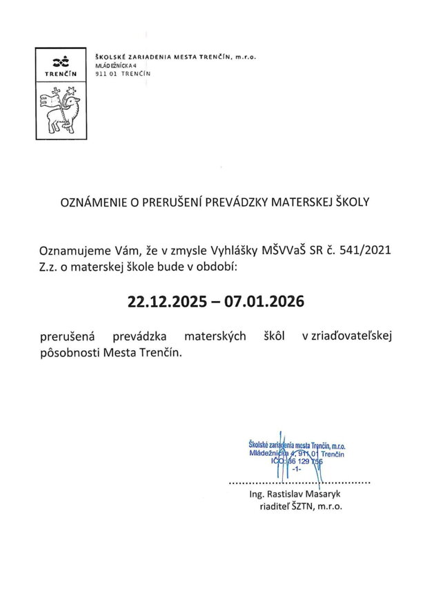 VIANOČNÉ PRÁZDNINY - OZNAM