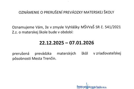 VIANOČNÉ PRÁZDNINY - OZNAM